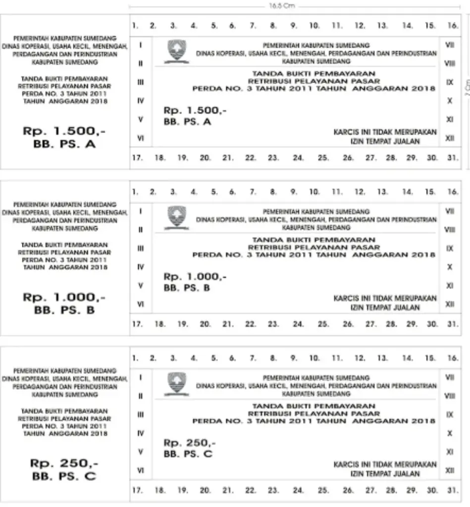 contoh karcis retribusi bangunan kios/los pasar milik Diskop UKMPP Kabupaten Sumedang