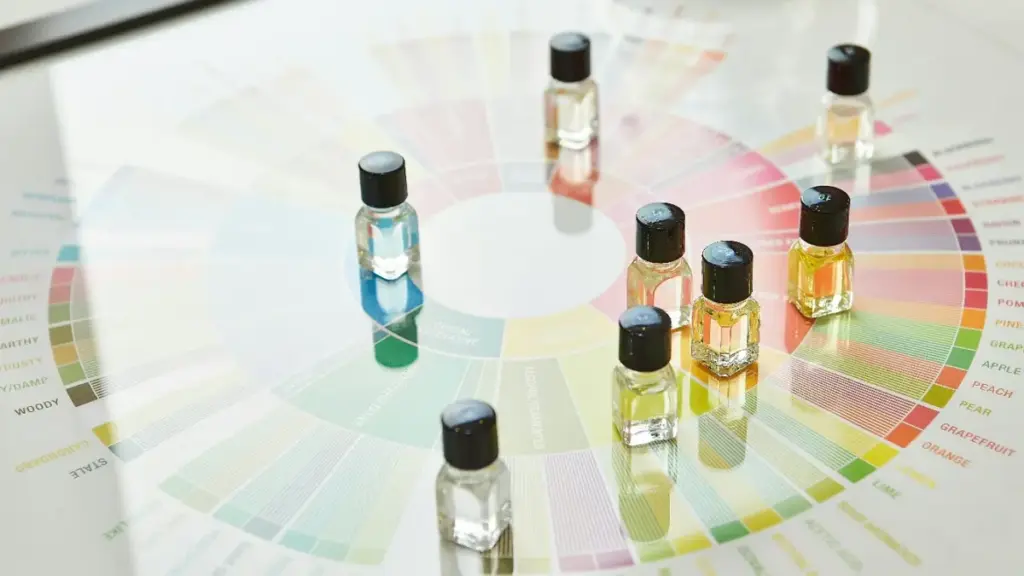 Beberapa botol parfum ditata sesuai wangi di atas meja