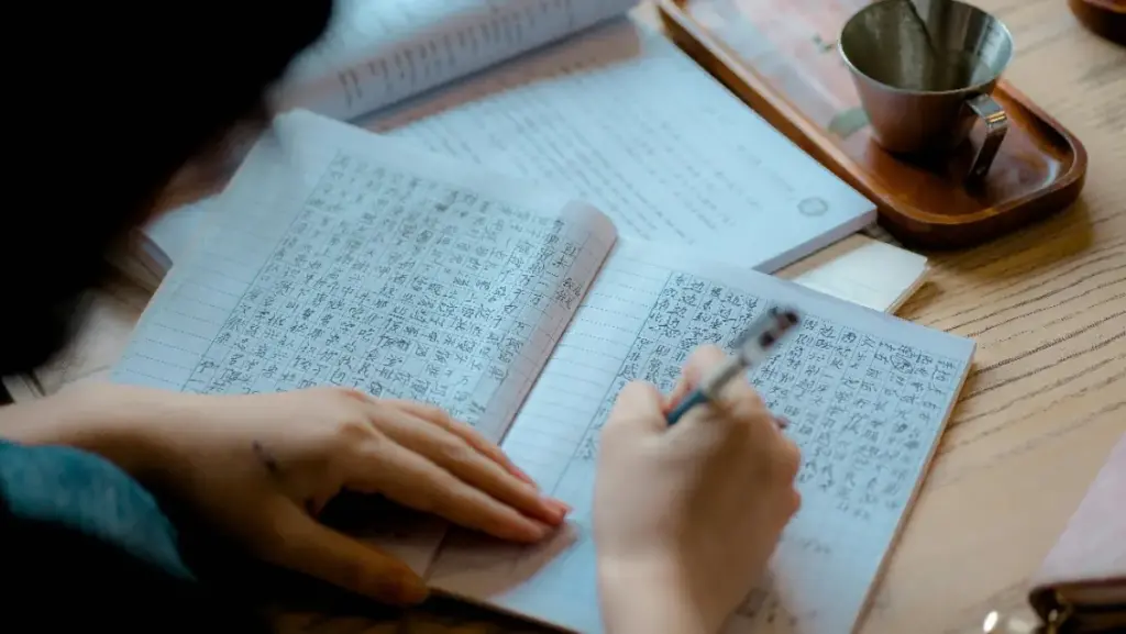 Seorang anak sedang menulis menggunakan bahasa Mandarin