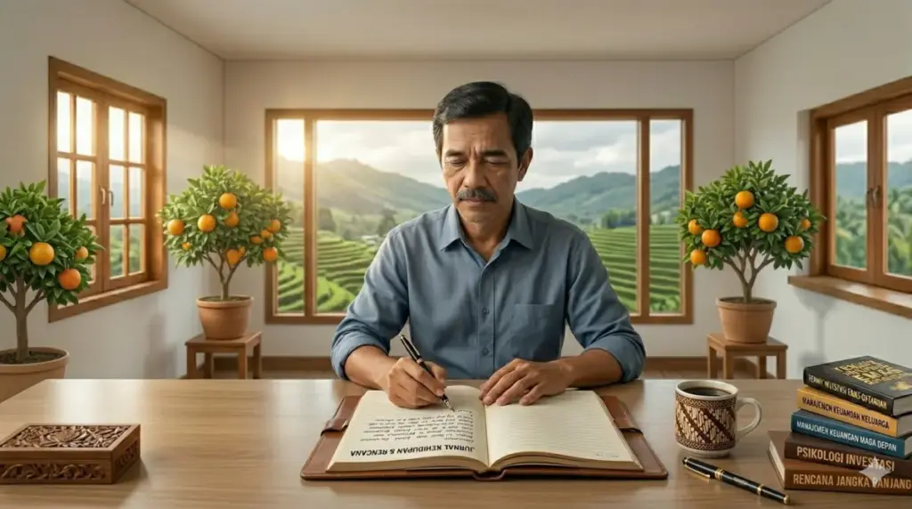 Ilustrasi seseorang yang sedang menulis jurnal dengan serius, menggambarkan hubungan erat antara aktivitas men