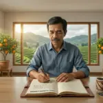 Ilustrasi seseorang yang sedang menulis jurnal dengan serius, menggambarkan hubungan erat antara aktivitas men