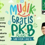 Poster pengumuman pendaftaran mudik gratis PKB 2026 dengan rute perjalanan berbagai kota di Pulau Jawa, berang