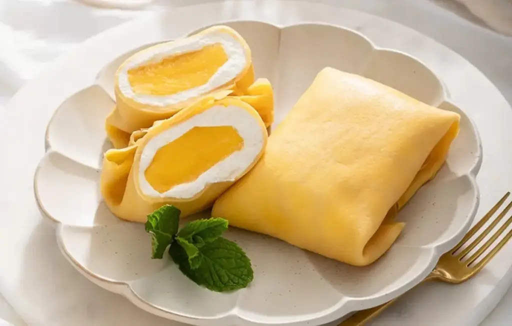 Sajian dessert Pocket Aice Mochi Mango berbentuk kantong cantik dengan isian buah mangga segar dan biskuit ren
