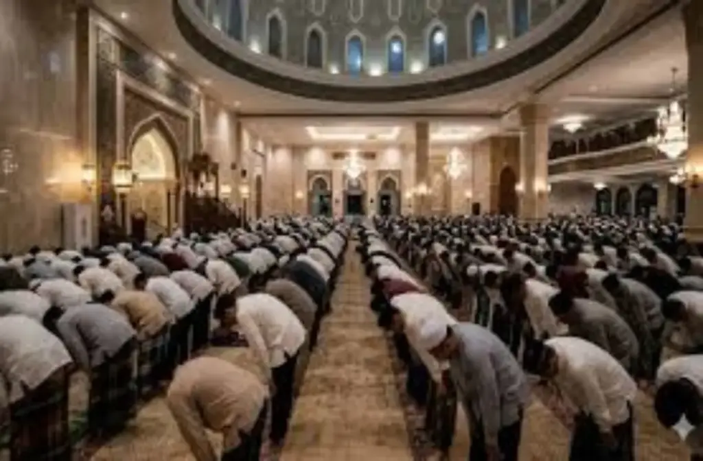 Suasana syahdu jamaah shalat Tarawih di masjid pada malam ganjil Ramadan, melambangkan keistiqomahan menjemput