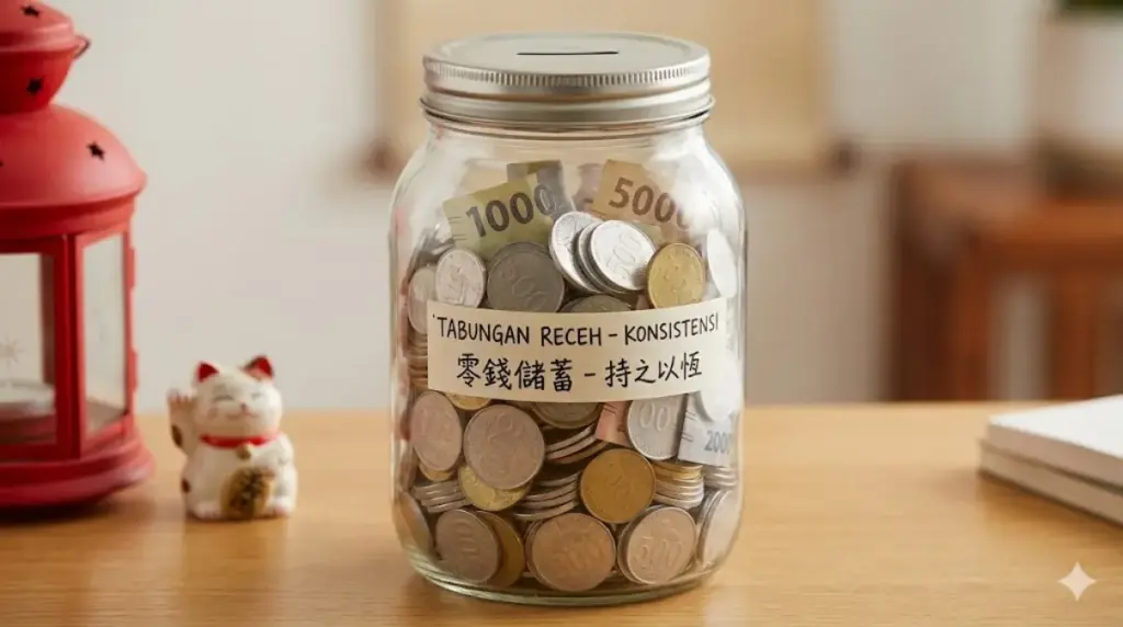 toples berisi uang koin dan uang kertas kecil sebagai simbol konsistensi menabung receh ala warga Tionghoa, me