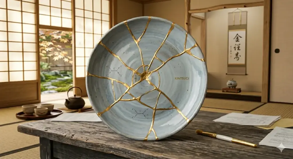 Foto piring keramik tradisional Jepang yang retak namun disatukan kembali dengan garis-garis emas yang indah