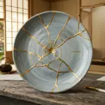 Foto piring keramik tradisional Jepang yang retak namun disatukan kembali dengan garis-garis emas yang indah