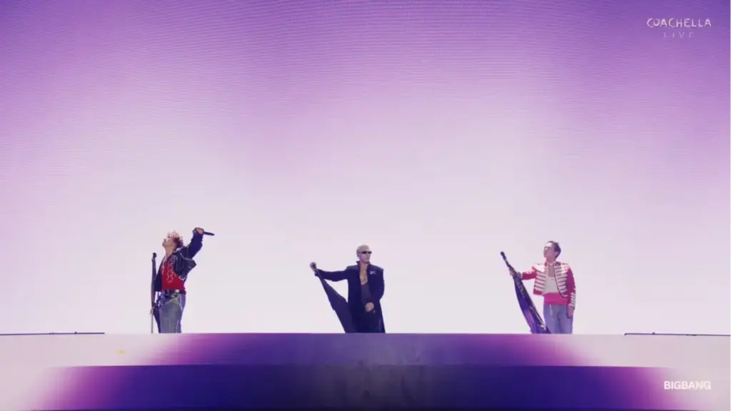 Ketiga anggota Big Bang (kiri ke kanan: Daesung, Taeyang, G-Dragon) sukses guncang panggung Choachella pekan 1