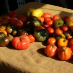 Potret berbagai macam tomat ditata acak di atas meja beralaskan kain cokelat